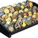 Challenge Coin Display Holder, 12 Rows Solid Wood Military Coin Stand Holds 80-100 Coins, Army Coin Display Rack for Desk (Black Finish)