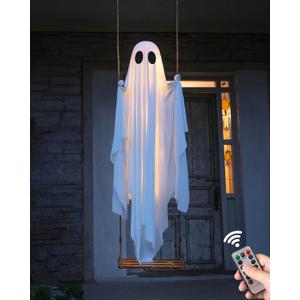 Halloween Decorations Outdoor - 5 FT Large Hanging Swing Ghost Halloween Decor with String Lights, Spooky Cute Ghosts Decorations for Front Porch Yard Tree