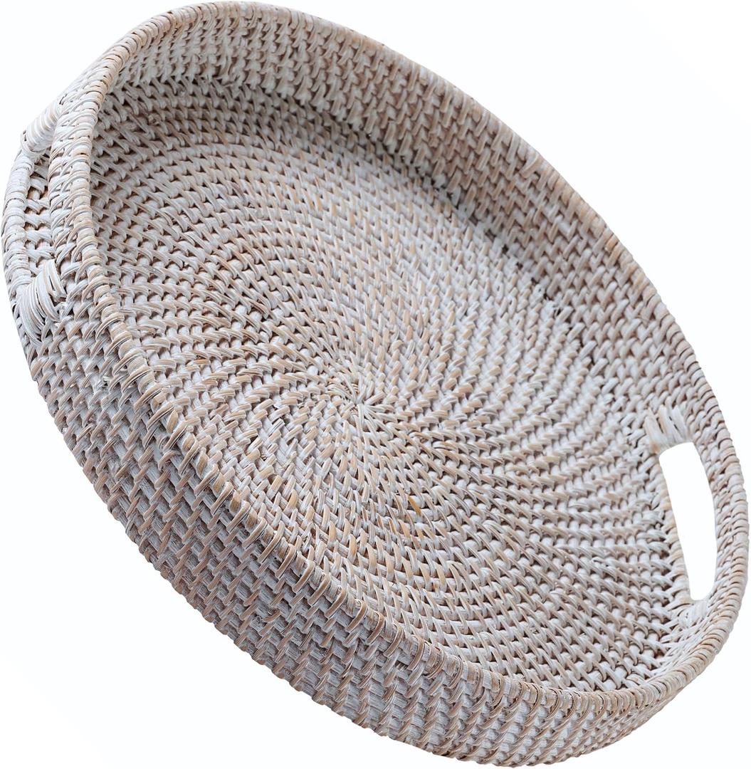 JUNGLE CULTURE Large Rattan Serving Tray 14" in Whitewash  Round Table Basket  Wicker Ottoman Trays with Handles for Coffee Table, Bed Side or Couch  Flat Circle Woven Tray  Boho Farmhouse Decor (13.9")