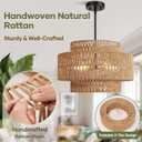 20.2"-55.6" Height Adjustable Boho Rattan Chandelier for Dining Room Light Fixture, 5-Light Hand Woven Wicker Pendant Light Fixture, Farmhouse Rustic Hanging Black Chandelier for Dining Room, Kitchen