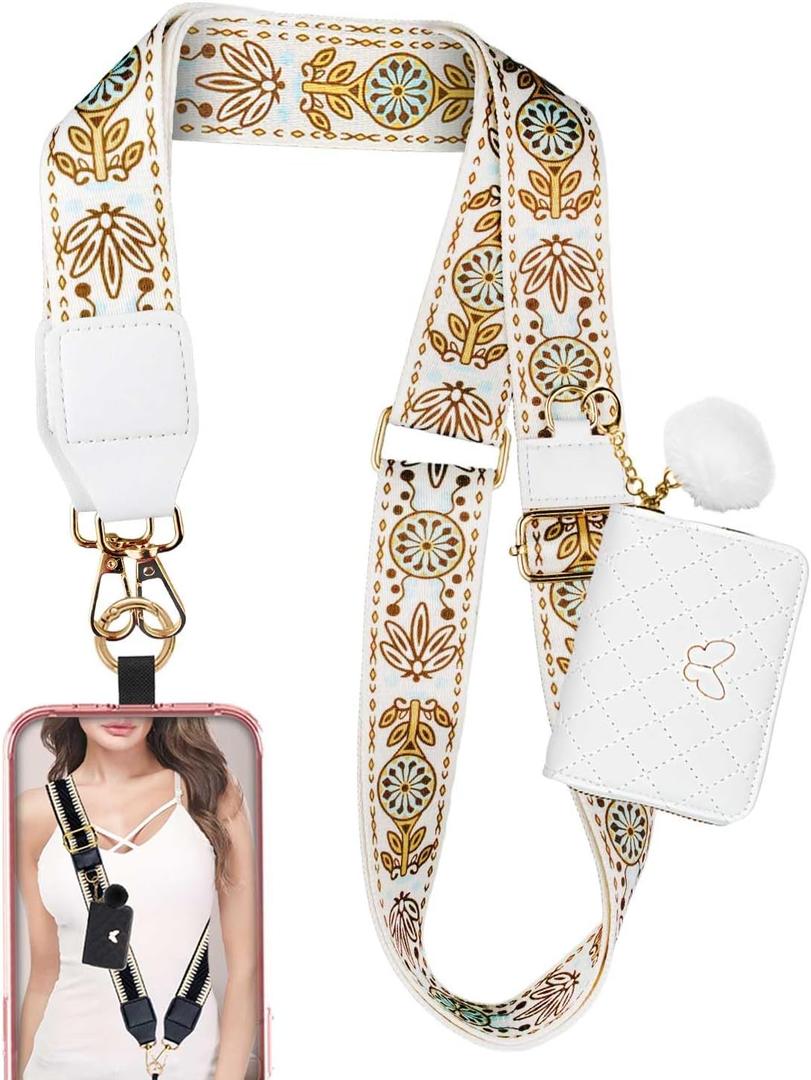 Clip and Go Phone Strap with Wallet Phone Lanyard Crossbody with Wallet Cell Phone Lanyards for Women, Retro Flowers-brown