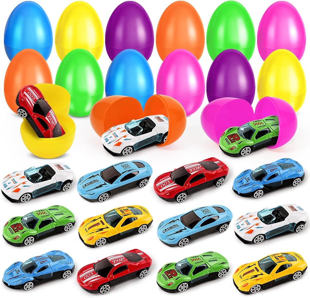 12 Pack Prefilled Easter Eggs with Die-Cast Racing Cars, Easter Basket Stuffers, Filled Easter Eggs with Toys for Kids, Egg Hunt, Party Favor Supplies,Easter Toys Gifts for Toddlers & Boys Girls