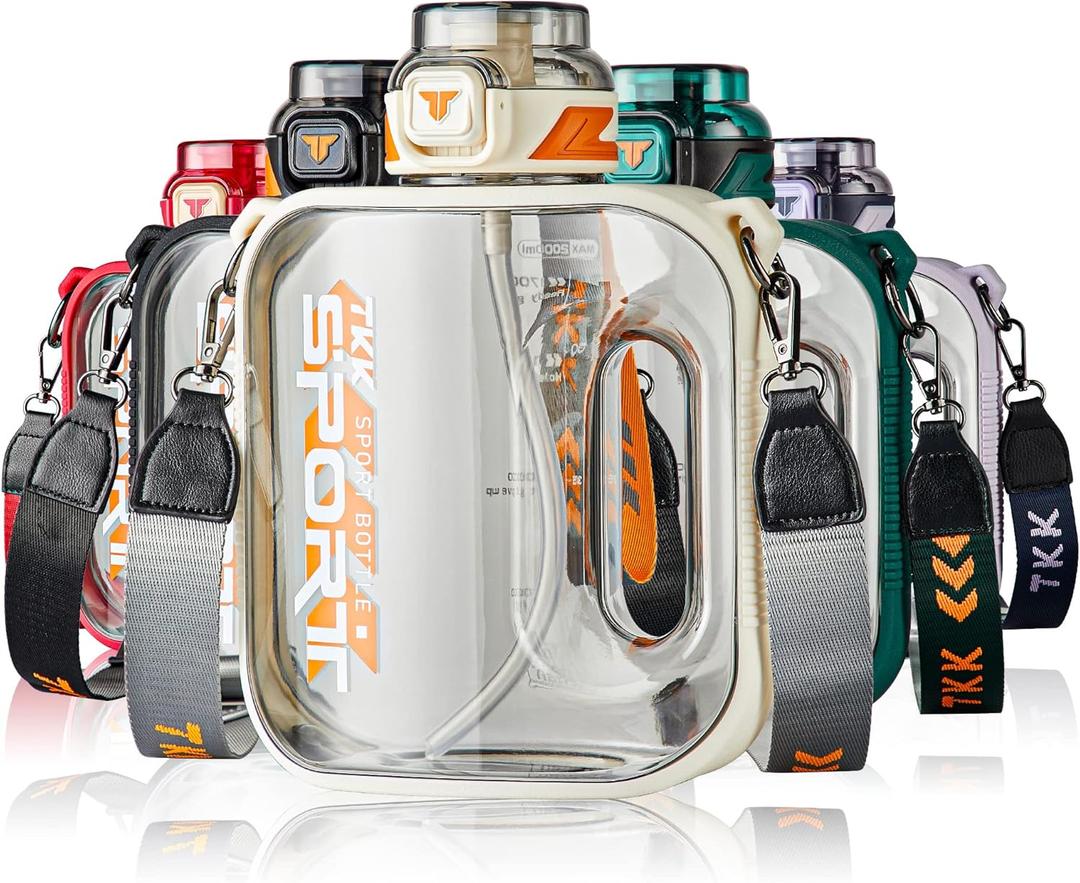 TKK Half Gallon Water Bottle Jug with Straw Large Capacity Plastic Water Bottle Dishwasher Safe 1/2 Gallon 64 Oz Water Bottle Jug BPA Free Tritan for Gym Yoga Travel Camping Outdoor White