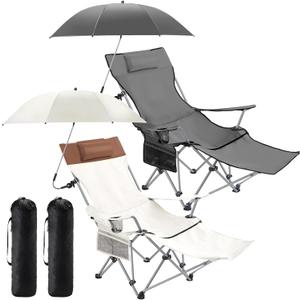 Yuntau 2 Set Reclining Beach Chairs with UPF 50+ Umbrellas, Upgraded Heavy Duty Portable Folding Lounge Camping Chair with Removable Footrest & Headrest for Outdoor Fishing Patio(Grey, White), 61.42 x 35.24 x 21.26 inches