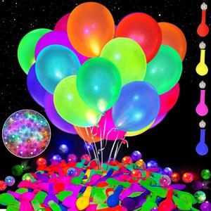 100pcs LED Glow Balloons Set Includes 50 PCS LED Round Mini Balloon Lights and 50 PCS UV Neon Balloons Glow in the Dark for Birthday Decorations Wedding Decoration Supplies (Colourful-f03)