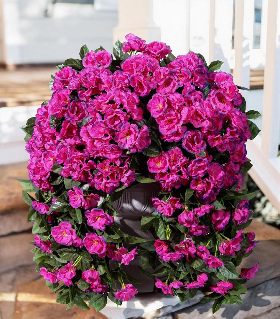 Artificial Geraniums Flowers Faux Plants for Outdoors Outside Spring Decor, 2 PCS UV Resistant Fake Silk Hanging Flowers Long Trailing Vines Look Real for Outdoor Planters Patio Porch Garden, Fuchsia