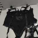OYOANGLE Women's Plus Size Ring Linked Cut Out Sheer Mesh Teddy Bodysuit Garter Lingerie Set Black 3XL
