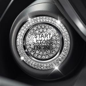 2PCS Rhinestone Push Start Button Cover Bling Car Accessories for Women, Sparkly Diamond Push to Starter Stop Button Decorative Cover, Key Ignition Knob Ring Crystal Emblem Sticker(White)