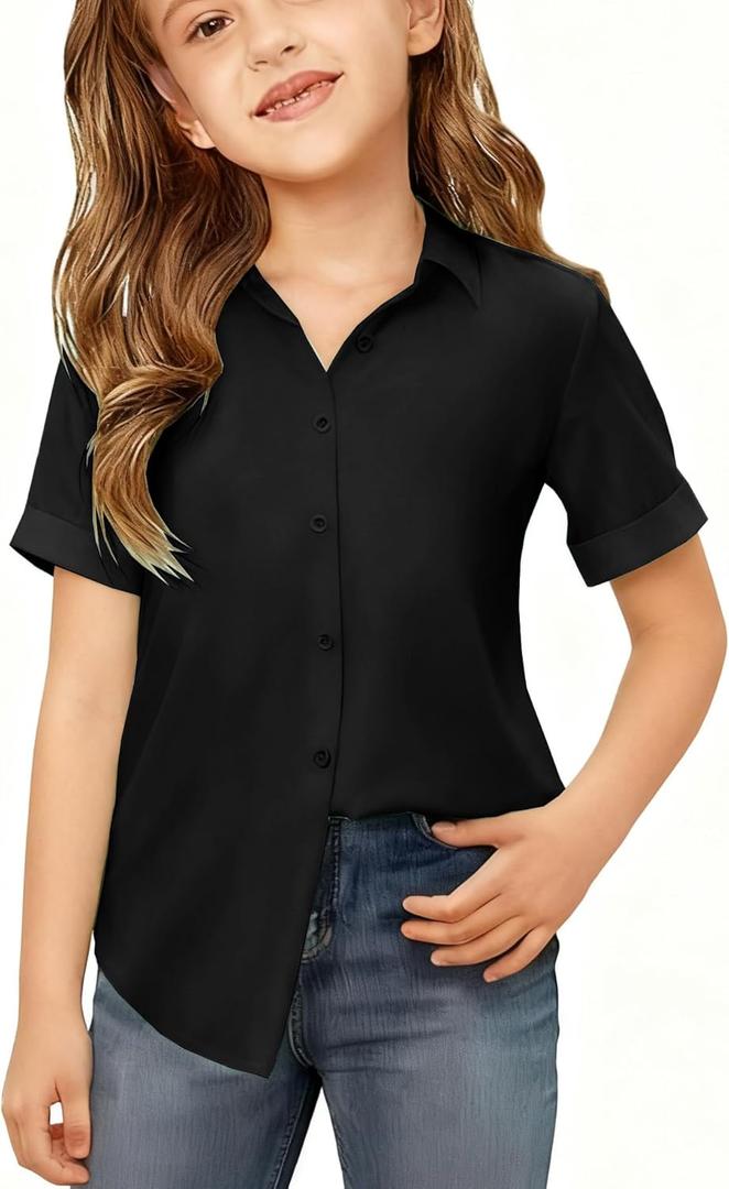 Girls Button Down Shirts Kids Short Sleeve Dress Shirts School Uniform Blouse 13-14 Years