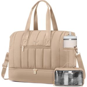 LOVEVOOK Travel Duffle Bag,Puffer Weekender Bags For Women with Shoe Compartment,42L Carry On Duffel Bags For Airplanes,Hospital Bag for Labor and Delivery,Overnight Bsg With Toiletry,2Pcs Set (Khaki)