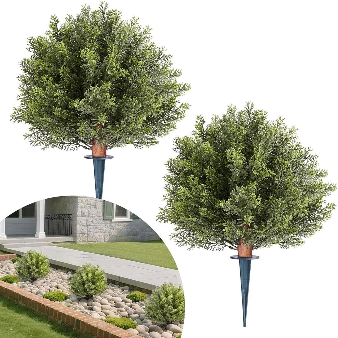 VEVOR Artificial Topiary Cypress Trees with Ground Spike, 16 inch 2 Set Faux Shrubs & Bushes Potted Plants, Fake Silk Tree Look Real for Decor Front Porch Outdoor Indoor Patio Garden Balcony Backyard