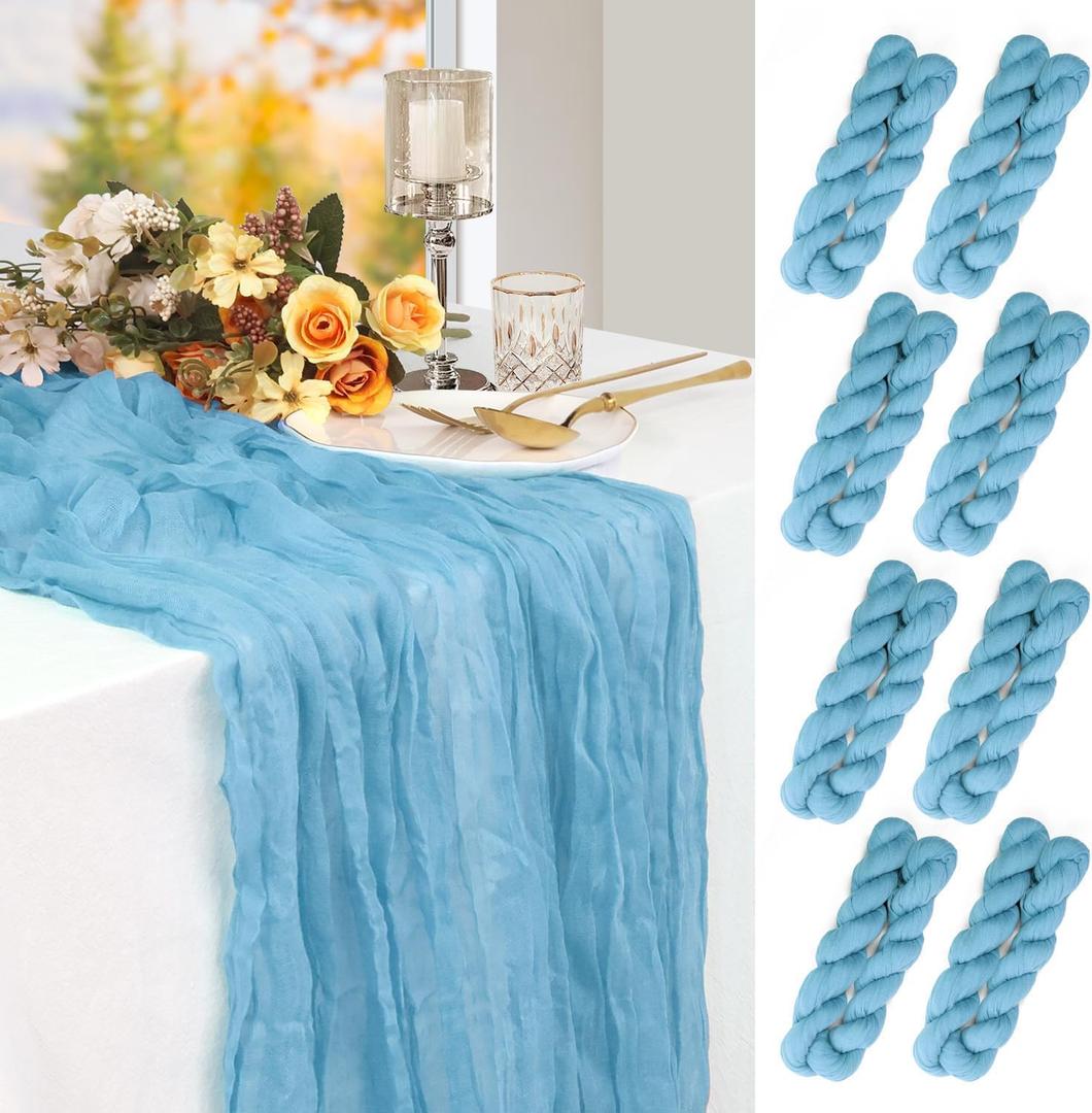 8 Pack Baby Blue Cheesecloth Table Runner, 10 ft, Boho Gauze Table Runner for Wedding, Thanksgiving, Party Decoration
