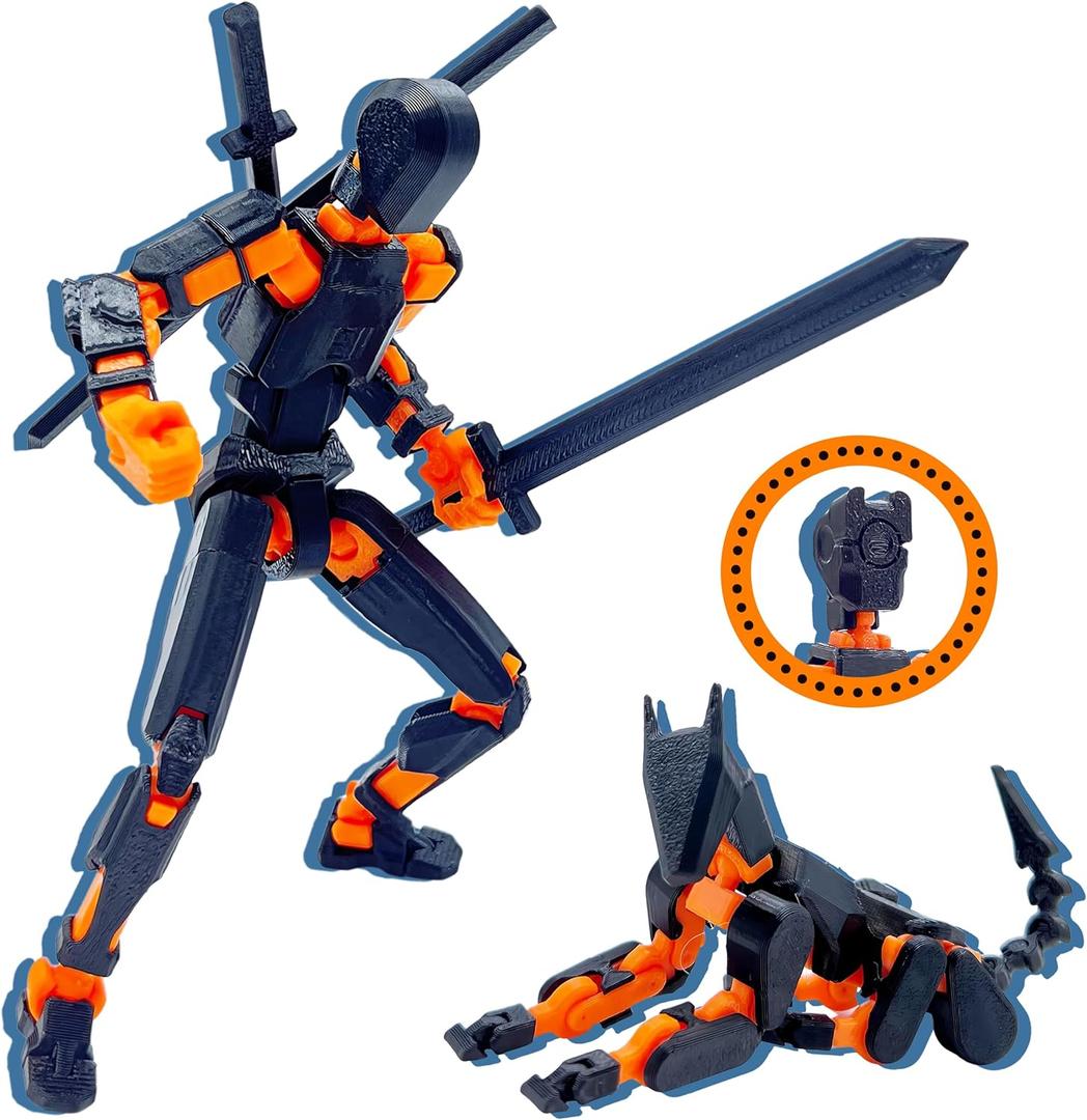 Uodofy (Assembly Completed) T13 3D Action Figure Set,Dummy Robo Titan 13 Action Figures,3D Printed Multi-Jointed Toy (Black + Orange) 