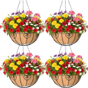 4 Pack 16 Inch Hanging Planters for Outdoor Plants, Metal Hanging Basket with Coco Coir Liner, Black, Modern