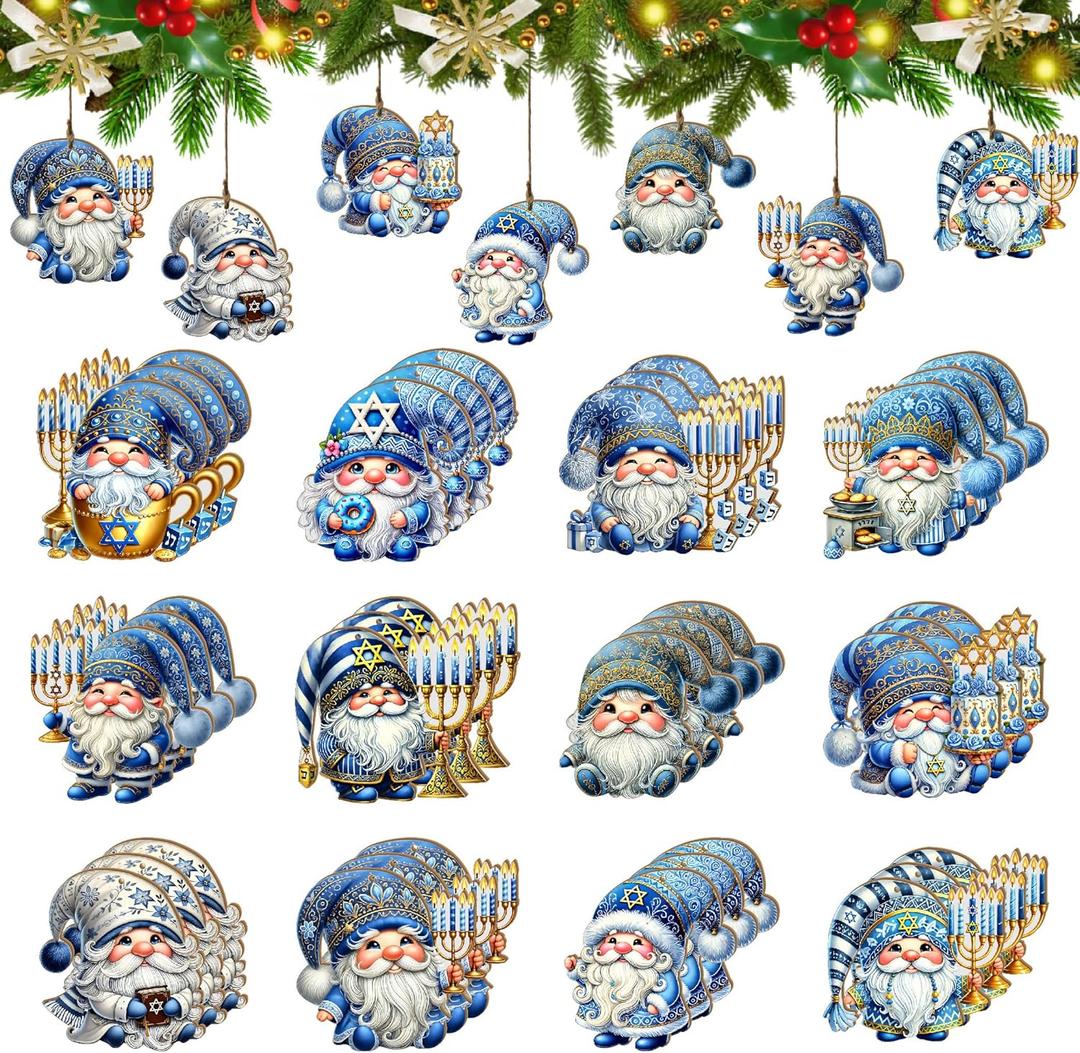 36Pcs 12-Design 3.14-Inch Hanukkah Gnome Wooden Ornaments with Hemp Rope
