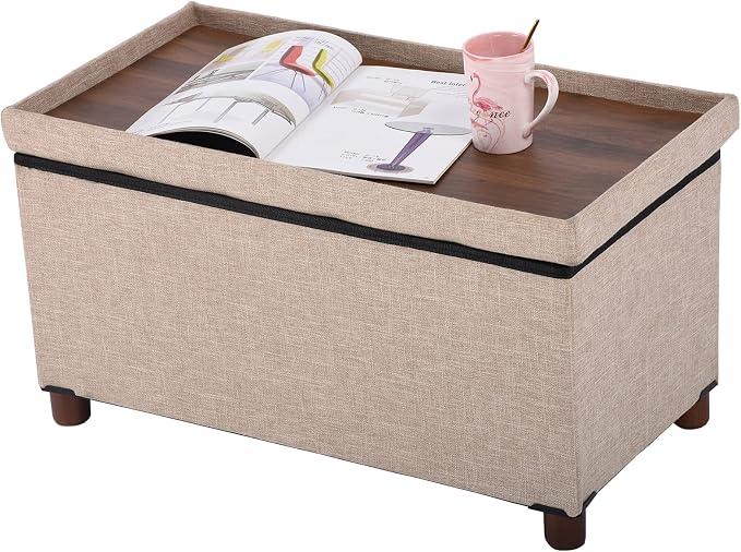Ao Lei 30 Inches Storage Ottoman Bench, Storage Bench with Wooden Legs for Living Room Ottoman Foot Rest Removeable Lid for Bedroom End of Bed, Linen Fabric, Folding Beige Ottoman