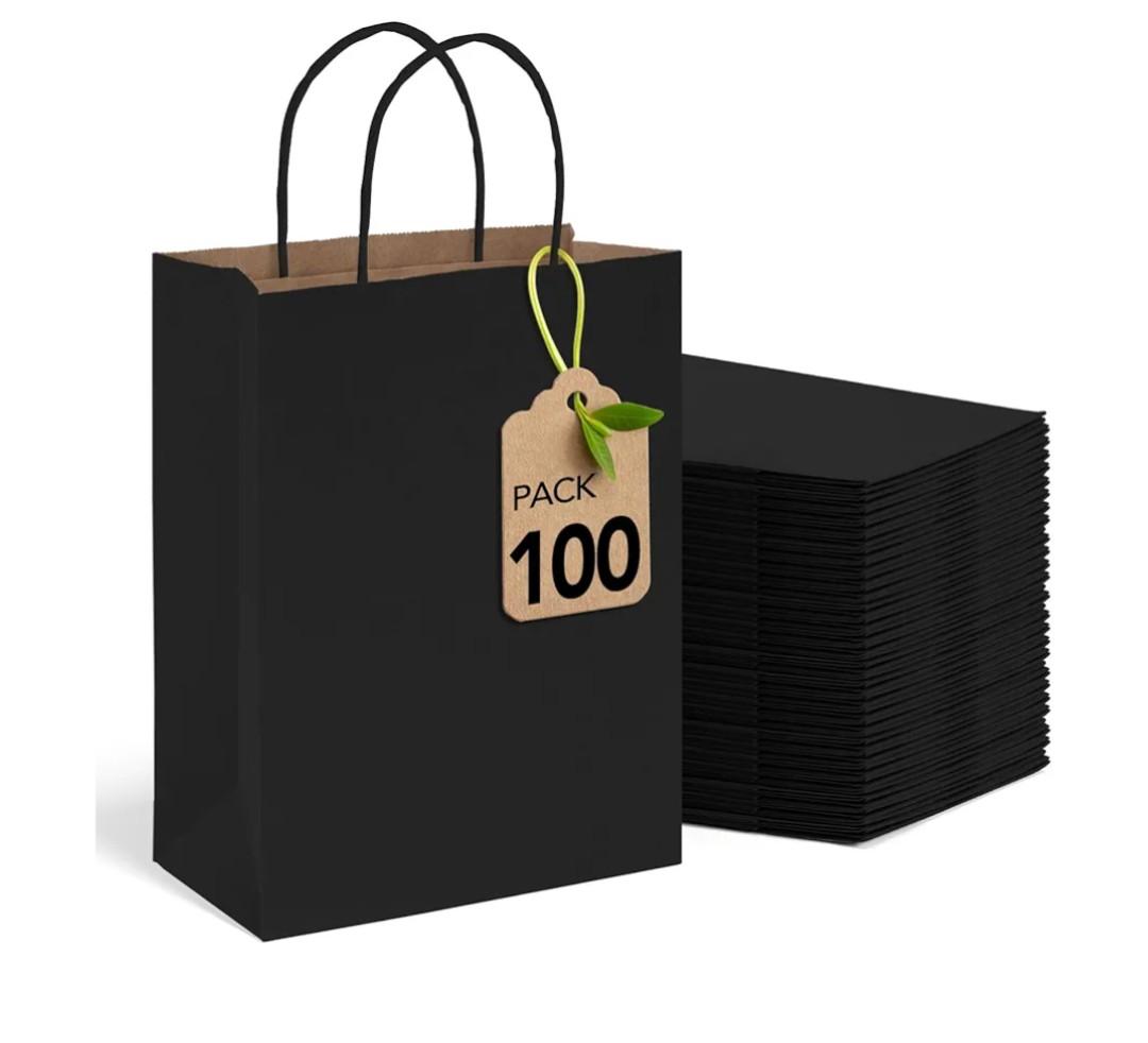 MESHA 100 Pack Black Gift Bags 8x4.25x10.5 Inch Kraft Paper Bags with Handles Bulk Craft Bag Medium Size for Wending Birthday Party Favor Retail Merchandise Bag