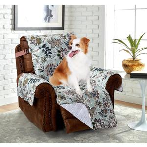 Brilliant Sunshine Beautiful Burgundy Flowers Quilted Recliner Slipcover, 26" Seat Width, Slip Resistant Furniture Protector, 2" Strap, Washable Reclining Chair Cover for Pets, Kids, Dogs, Cats, Green