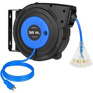 DEWENWILS Retractable Extension Cord Reel, 50 FT Heavy Duty Power Cord, 14AWG/3C SJTOW, 3 Grounded Outlets Lighted Triple Tap, 13 Amp Circuit Breaker, UL Listed,1 BOX (Blue)