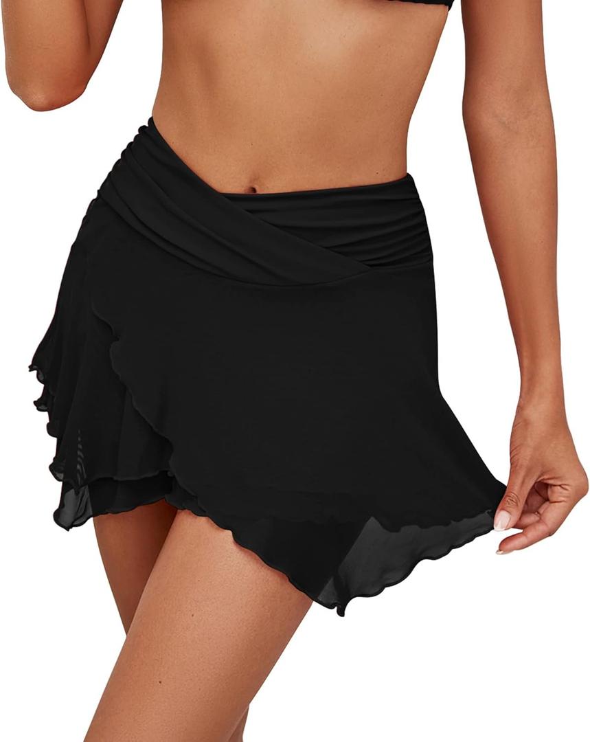 GRAPENT Swim Skirt Bottoms for Women Criss Cross High Waisted Bikini Bottom Layered Mesh Flowy Shorts Bathing Suit Skort (Small, Black)