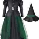 IKALI Women Gothic Witch Costume with Halloween Hat, Medieval Fairytale Witch Fancy Dress Up for Adults Big Girls (Black)