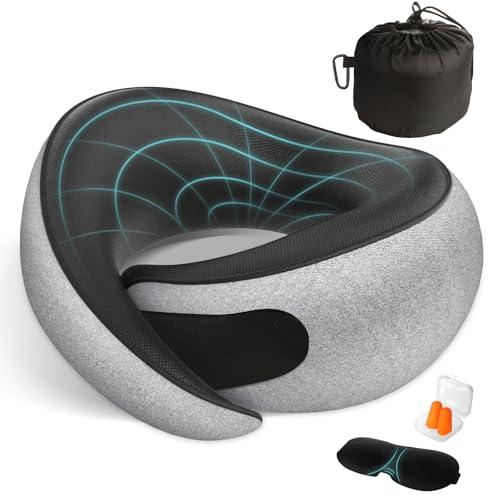 FIOGIKO Travel Neck Pillows for Airplanes - 360° Ergonomic Memory Foam Travel Pillow - Relief Neck Pain with Breathable Support for Long Flights, Car, Train & Office Use - Adults & Kids