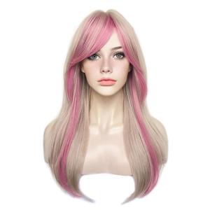 Sallcks Women's Long Layered Blonde with Pink Highlight Wigs with Bangs Heat Resistant Synthetic Fibre Wigs