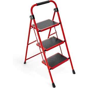 KINGRACK Step Ladder, 3 Step Ladder with with Anti-Slip and Wide Pedal, Portable Foldable Step Stool with Handgrip, Tall Sturdy Step Ladder for Home Kitchen Household, Red