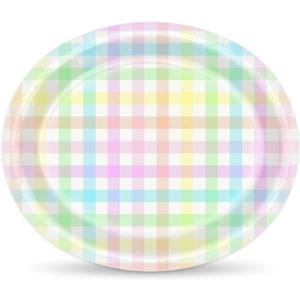 50Pcs Easter Oval Paper Plates Blue Pink Yellow Buffalo Plaid Dinner Plates Disposable Large Farmhouse Heavy Duty Paper Platter Colorful Plaid Dessert Plate for Seasonal Spring Party Supplies