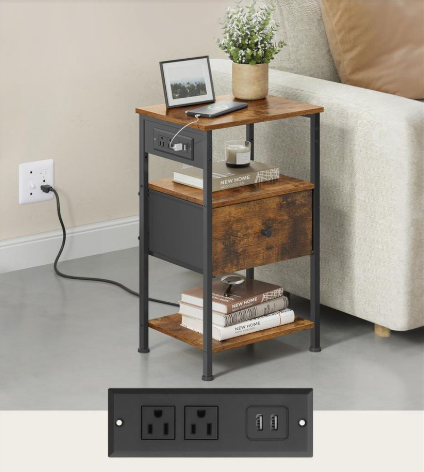 VASAGLE Nightstand with Charging Station