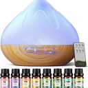 Aroma Diffuser with Essential Oils Set, 500 ML Essential Oil Diffuser with Remote Control, Humidifier with 14 Color Lights for Large Room, 4 Timer Setting, Auto Shut-Off
