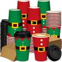 Zhehao 90 Pcs/30 Sets Christmas Paper Coffee Cups with Lids and Sleeves Disposable Hot Cocoa Party Paper Cups for Hot Chocolate Accessories (Cloths,16 oz)