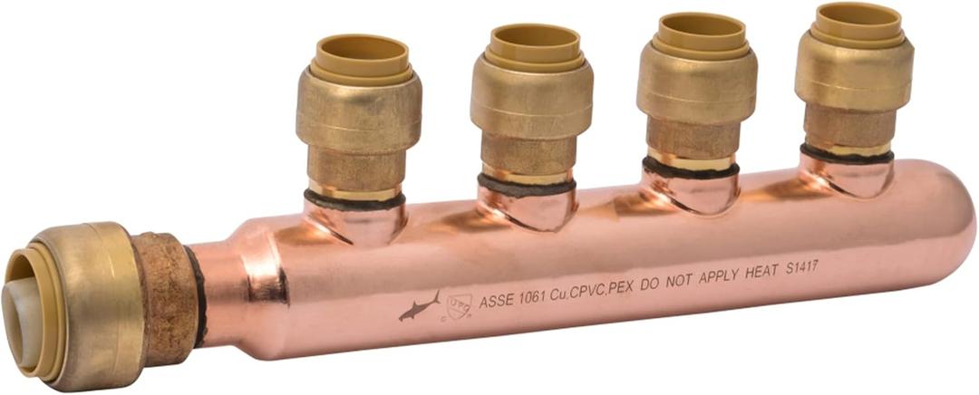 SharkBite 3/4 Inch x 1/2 Inch Outlet 4 Port Closed Multi-Port Tee, Push to Connect Brass Plumbing Fittings, PEX Pipe, Copper, PVC, 25555LF