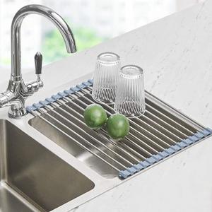 Seropy Roll Up Dish Drying Rack, Over The Sink Dish Drying Rack Kitchen Rolling Dish Drainer, Foldable Sink Rack Mat Stainless Steel Wire Dish Drying Rack for Kitchen Sink Counter Storage 17.5x11.8 (Gray)