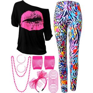 Blulu 80s Women Costume Set, T-Shirt, Geometric Legging Pants Earring Necklace Gloves Bracelet (Stylish, Small)