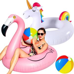 FindUWill 2 Pack Pool Floats with 2Pcs Balls Pool Toys, 57'' Large Unicorn Pool Float 46'' Flamingo Pool Floaties for Adult, Heavy Duty Inflatable Swimming Pool Accessories for Pool Water Party
