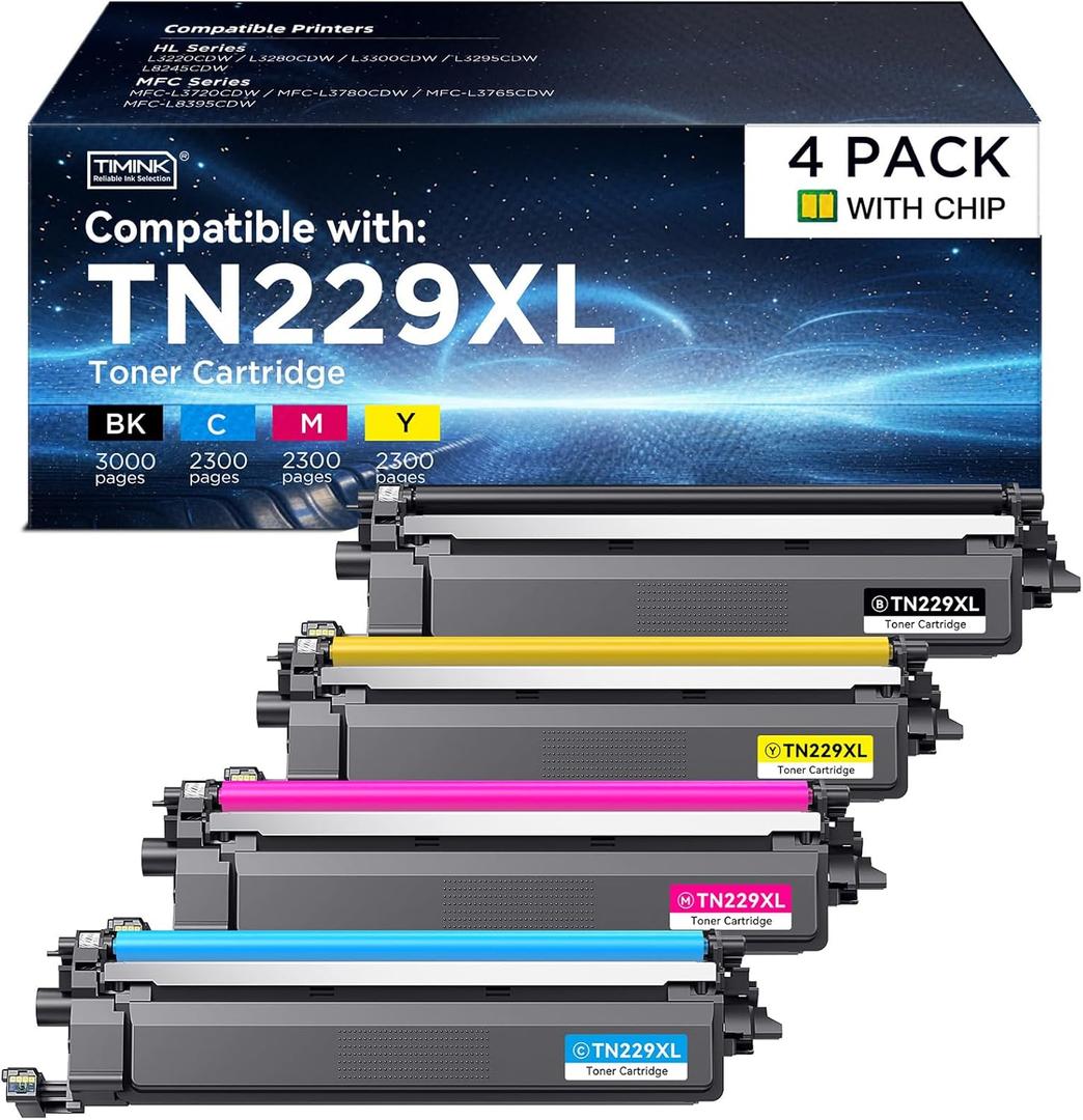 Compatible TN229XL Toner Cartridge Replacement for Brother TN229 XL TN 229XL TN229 Toner Work with Brother HL-L3220CDW MFC-L3720CDW HL-L3280CDW HL-L3300CDW MFC-L3780CDW Printer (BK/C/M/Y-4 Pack)