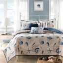 Madison Park Quilt Set Cottage Coastal Design, Starfish Print - All Season, Coverlet Bedspread Lightweight Bedding Layer, Shams, Toss Pillows, Full/Queen(90"x90"), Bayside Blue/Ivory 6 Piece