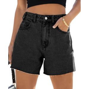 Goranbon Womens High Waisted Jean Shorts Straight Leg Raw Hem Retro Denim Shorts Summer Hot Pants with Pockets (S)