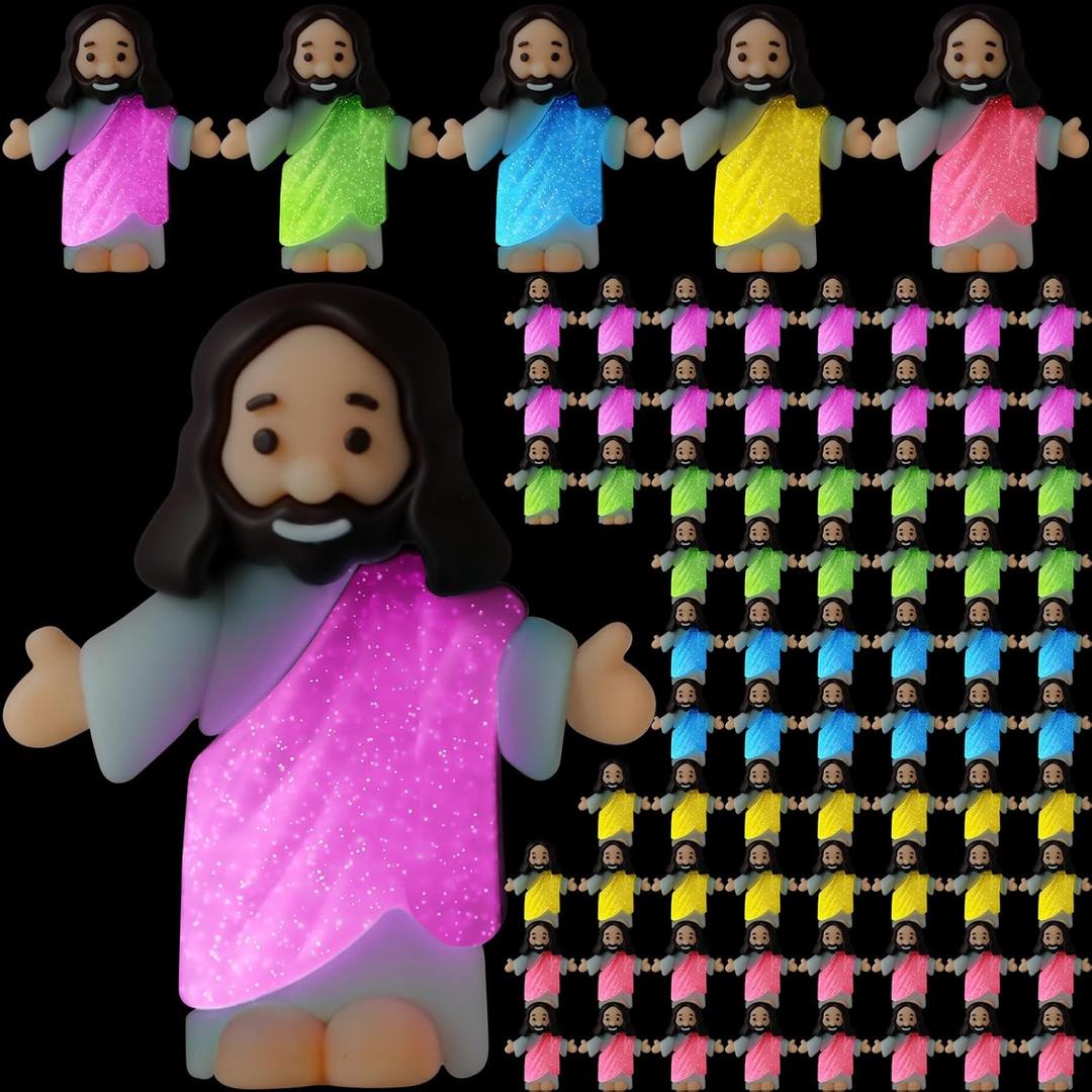 Barydat 100 Pcs Little Jesus Figures Glow in The Dark Jesus Bulk Christian Gifts for Kid Hide and Seek Let Your Light Shine Religious Party Favor for Church Vbs Baptism Sunday School Halloween