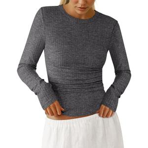 PRETTYGARDEN Womens Long Sleeve Shirts 2026 Ribbed Knit Slim Fitted Basic Tee Casual Going Out Tops Underscrubs Fall Clothing (Gray, L)