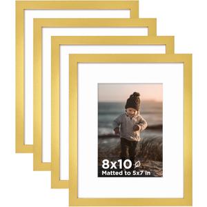 KINLINK 8x10 Picture Frame Gold Set of 4, Wooden Photo Frames Matted 5x7 with Plexiglass for 5x7 with Mat or 8x10 without Mat for Table and Wall Display