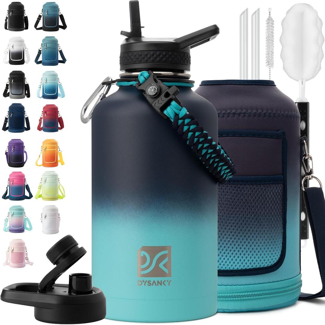Insulated Water Bottle | Thickened Stainless Steel Vacuum Metal | Portable Sports Half Gallon Large Water Jug for Gym and Hiking with Straw, Carrier Bag, Handle Strap | BPA-Free 64 oz (Black-Cyan)