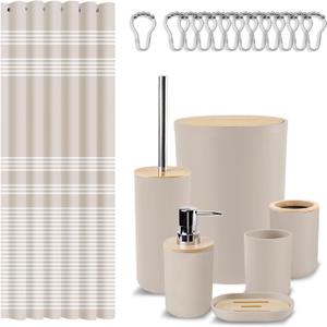 Britimes Bathroom Accessories Sets, Boho Shower Curtain Set with Trash Can, Soap Dispenser, Toilet Brush Holder, Toothbrush Holder and Toothbrush Cup for Bathroom Decor (Beige)