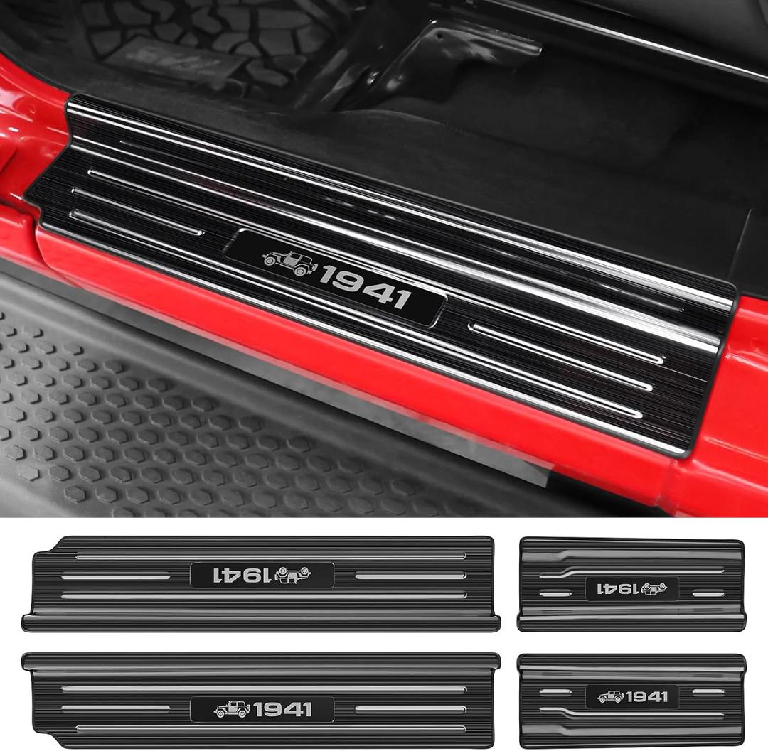 YOJOJOCO Door Sill Guards Compatible with Jeep Wrangler JL JLU 2018-2025 & Gladiator JT 2020-2025 Accessories Stainless Steel Material Black Brushed Texture Front and Rear Door Sill Protector