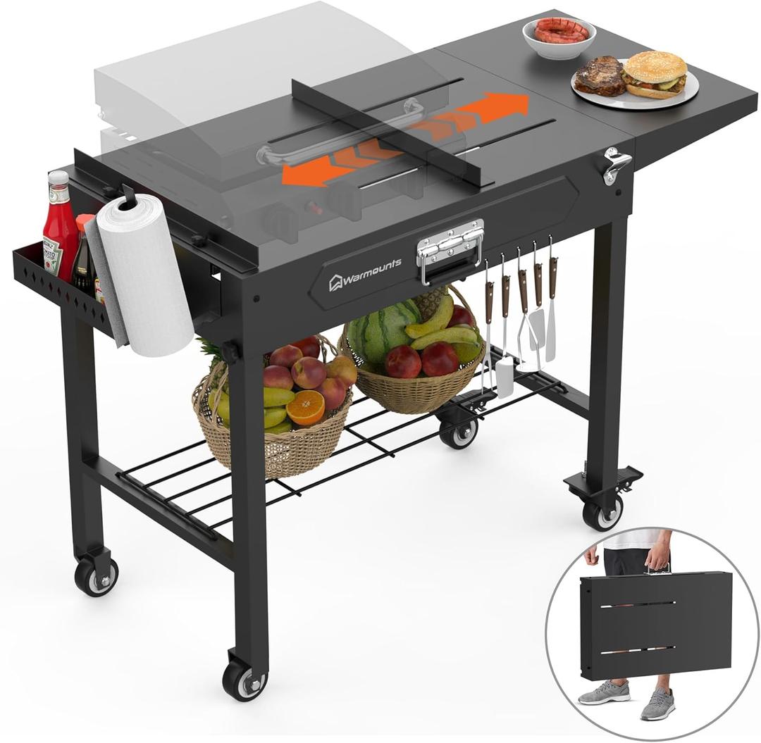 WARMOUNTS Foldable Grill Cart Outdoor with Wheels, Portable Outdoor Grill Table with Storage, Movable Stand Fits 17''/22'' Tabletop Grill, 400 Lbs Weight, for Camping, BBQ