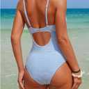OYOANGLE Women's Maternity One Piece Swimsuits Textured Shell Decor V Neck Pregnancy Bathing Suit, Baby Blue, Small