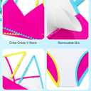 Girls Swimsuit Color Block Criss Cross V-Neck Contrast Trim Geometric Pattern Two Piece Girls Bikini Set (Pink, XS)