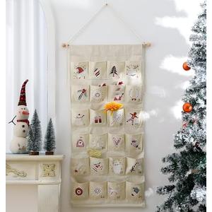 MONOBLANKS Fabric Christmas Advent Calendar with Pockets,Reusable Natural 24 Days Countdown Advent Calendar Hanging Storage Bag for Xmas Holiday Home Wall Decoration (Christmas A)