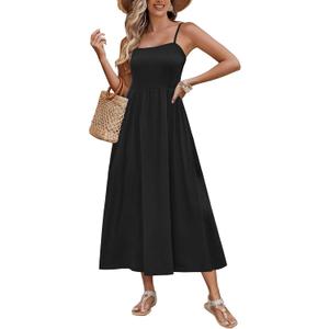 Zeagoo Women's Summer Casual Boho Sundress Spaghetti Strap Square Neck Flowy Midi Dresses A Line Beach Dress with Pockets (Large, A01-black)